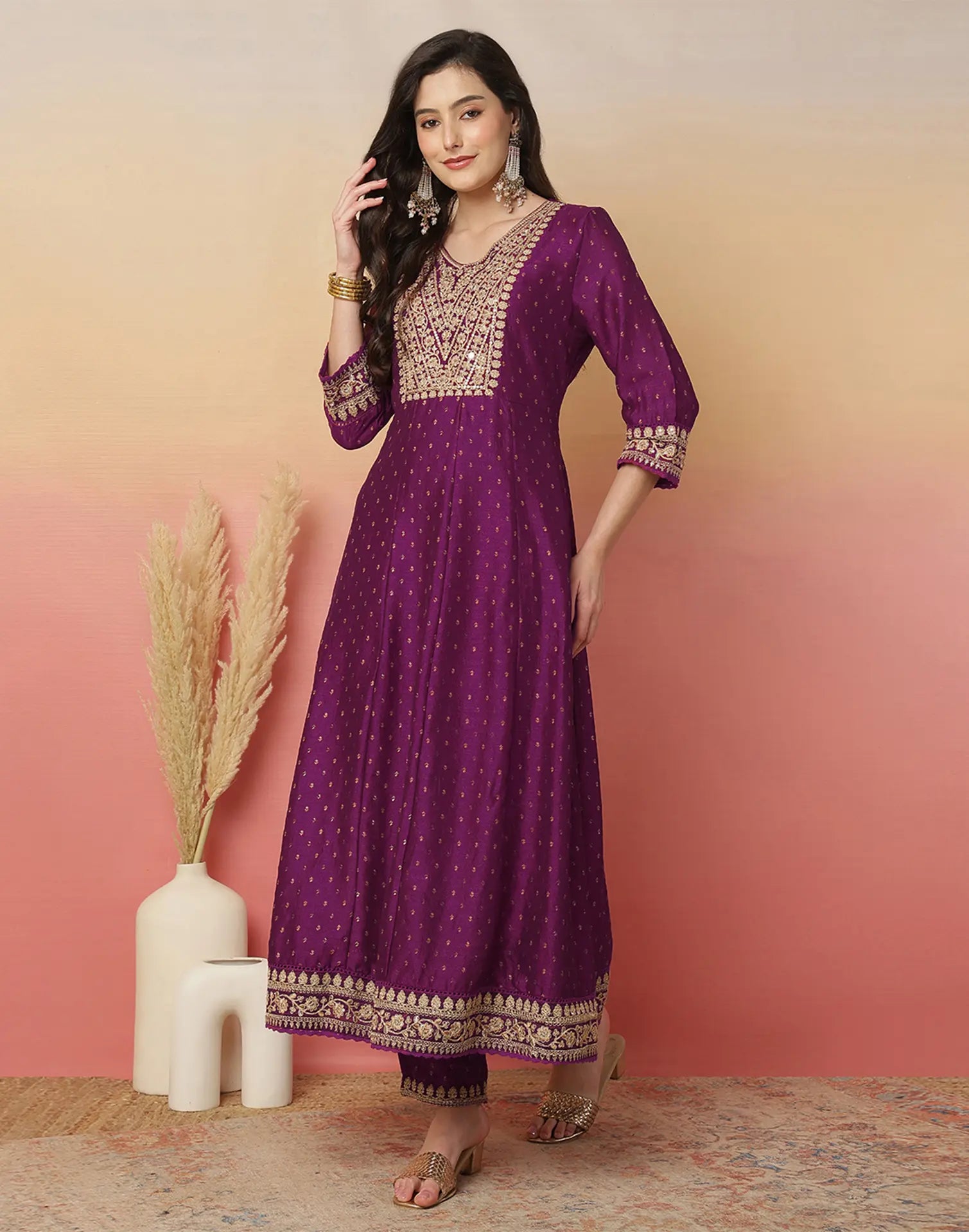 Poly Chinnon Embroidered Anarkali 3 Piece Kurta Set