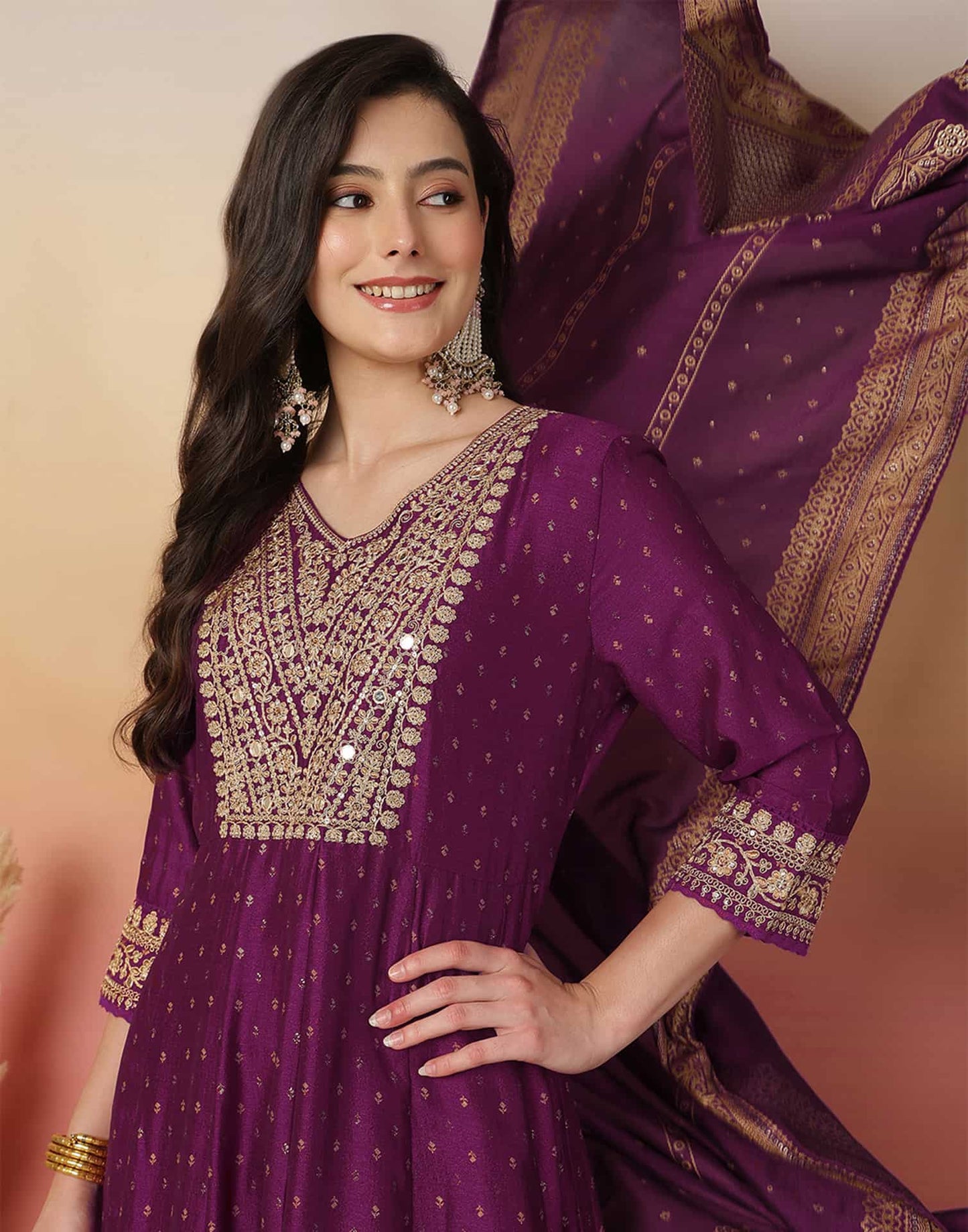 Silk Blend Embroidery and Sequins Work Anarkali Kurta with Pant & Dupatta