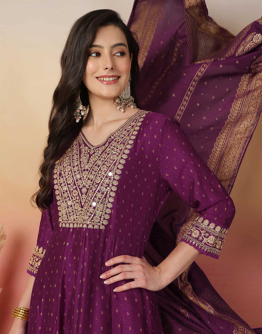 Silk Blend Embroidery and Sequins Work Anarkali Kurta with Pant & Dupatta