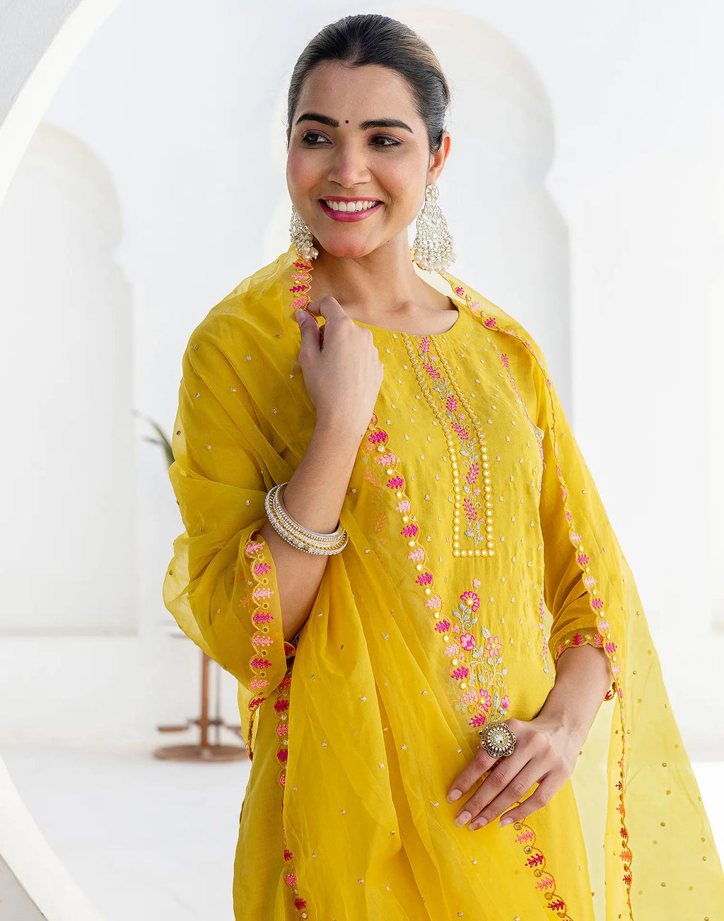 Poly Chinnon Embroidered Straight 3 Piece Kurta Set