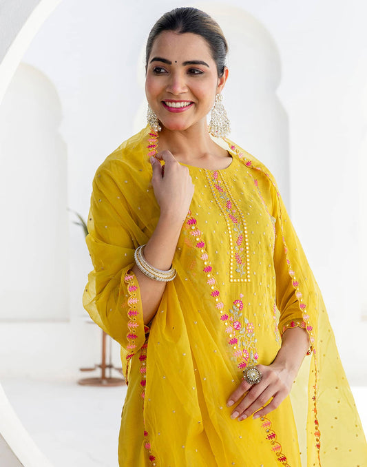 Silk Blend Embroidery and Mirror Work Straight Kurta with Pant & Dupatta