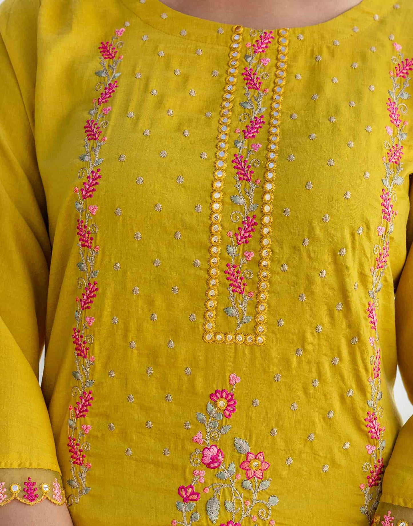 Silk Blend Embroidery and Mirror Work Straight Kurta with Pant & Dupatta