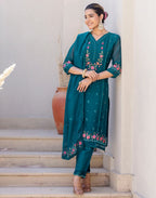 Silk Blend Embroidered Straight 3 Piece Kurta Set