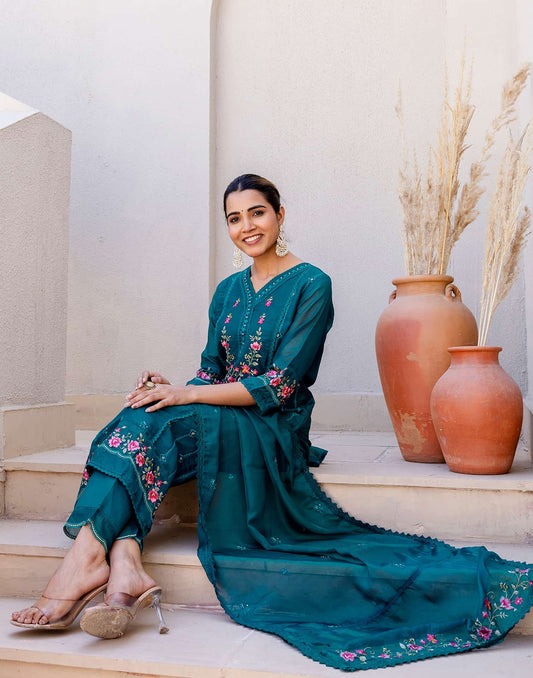 Silk Blend Embroidery Straight Kurta with Pant & Dupatta
