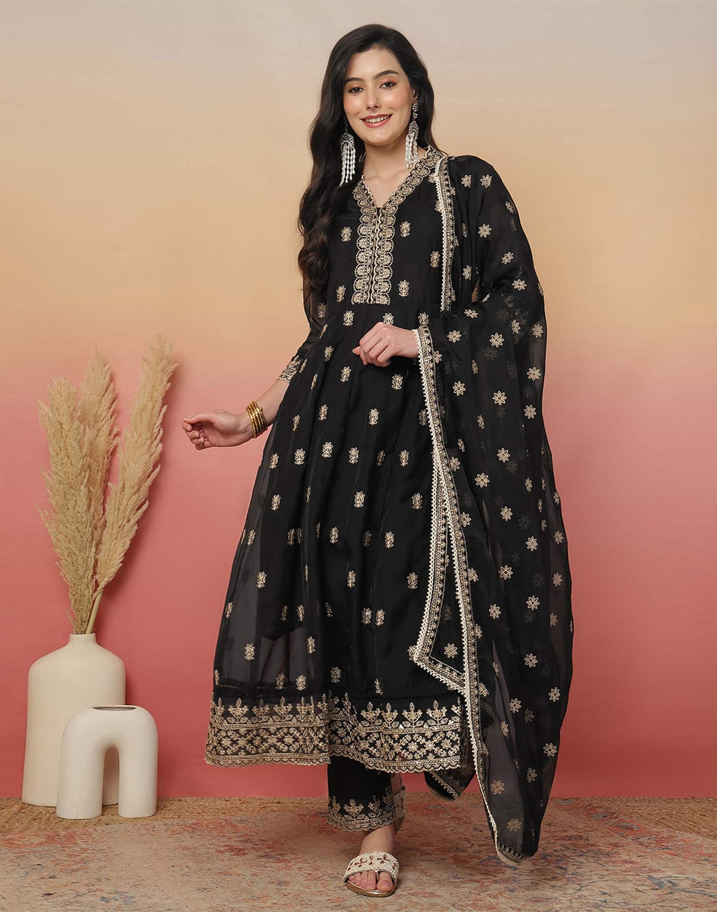 Silk Blend Embroidery and Sequins Work Anarkali Kurta with Pant & Dupatta