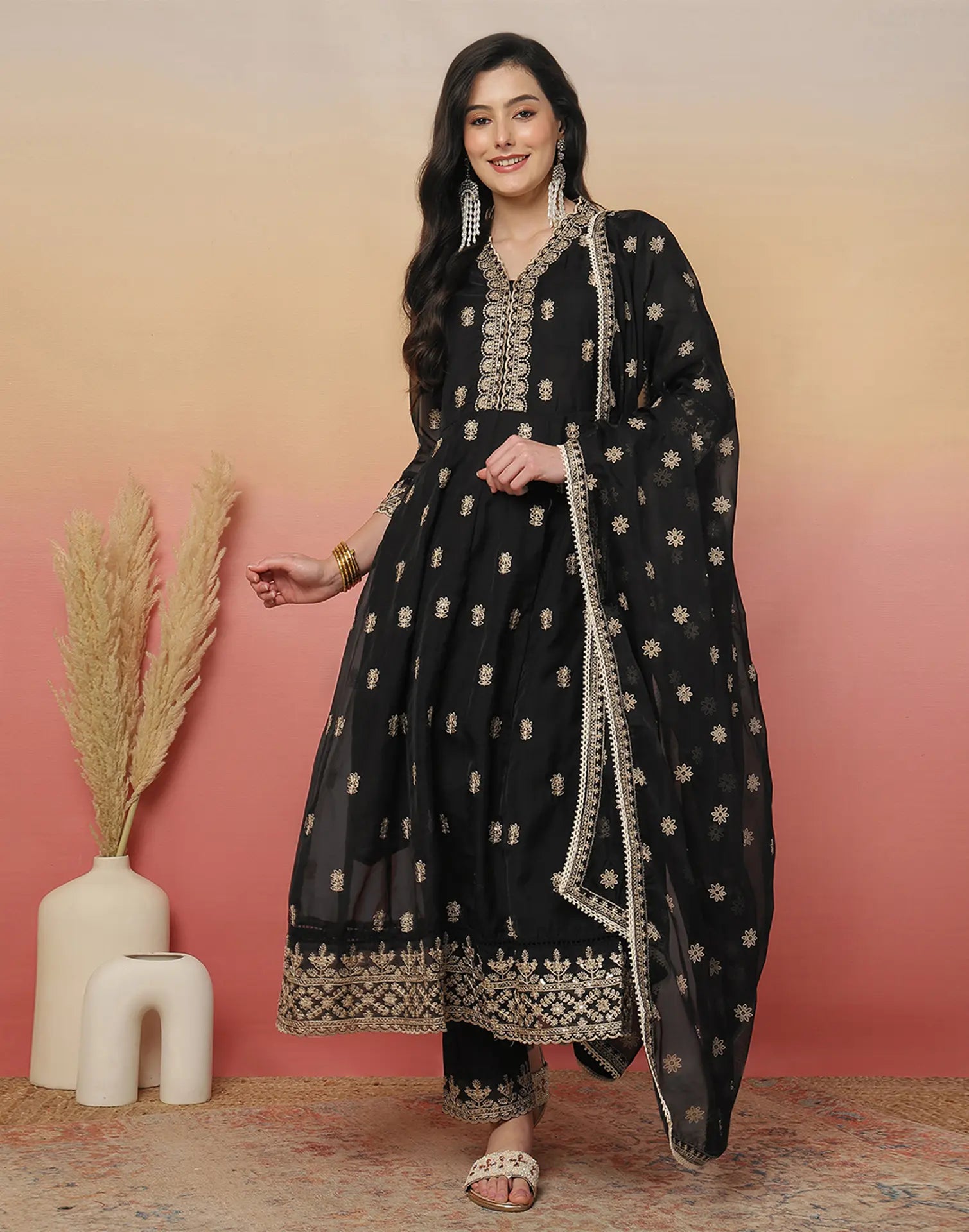 Silk Blend Embroidered Anarkali 3 Piece Kurta Set
