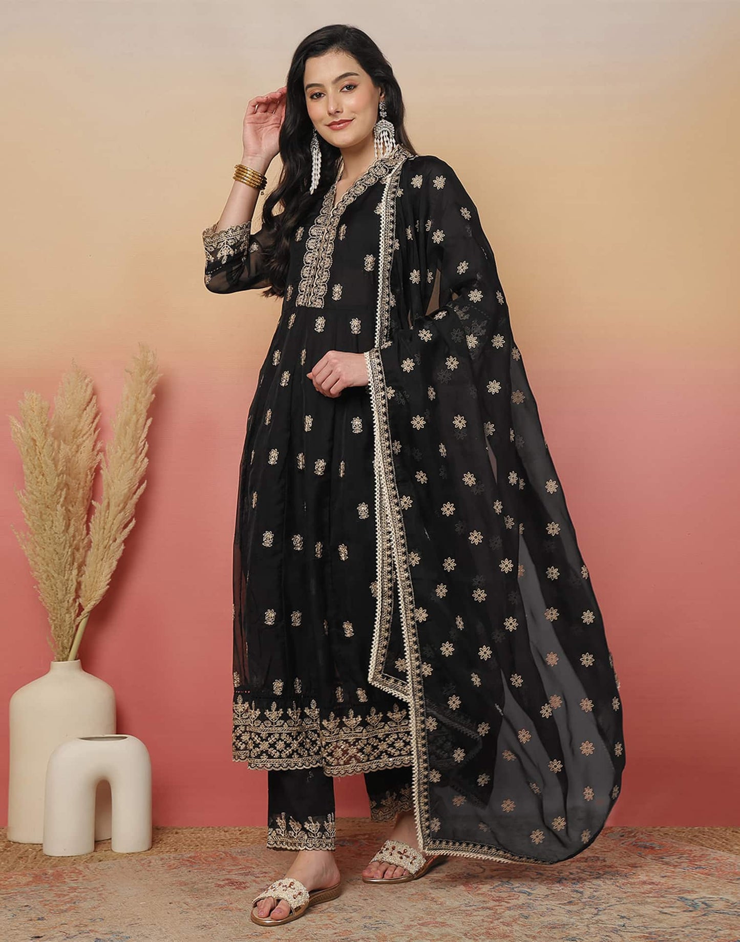 Silk Blend Embroidery and Sequins Work Anarkali Kurta with Pant & Dupatta