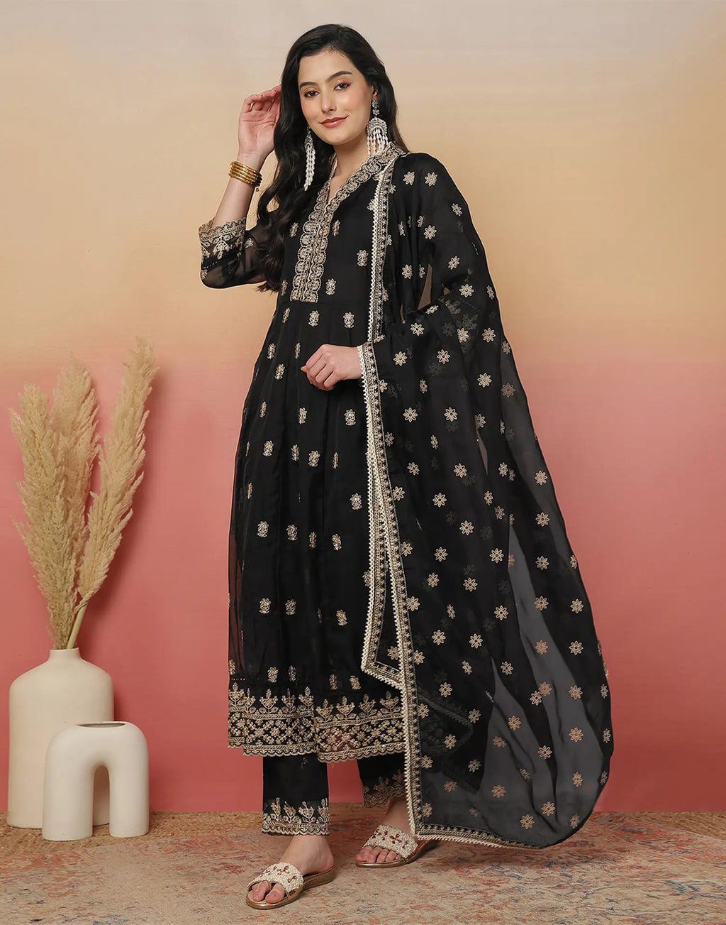 Silk Blend Embroidered Anarkali 3 Piece Kurta Set