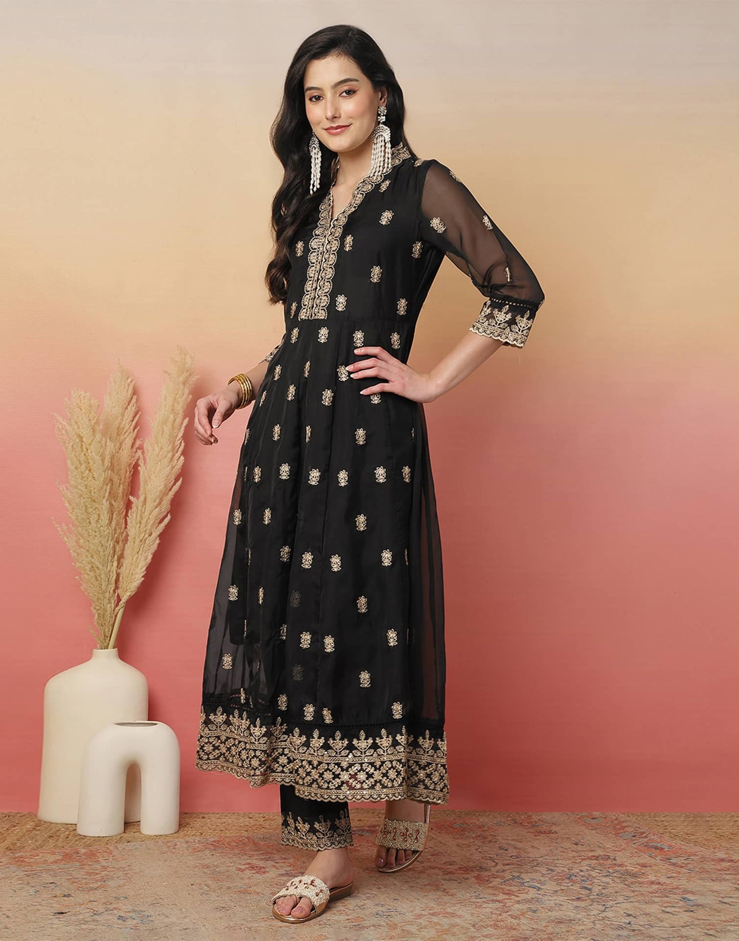 Silk Blend Embroidery and Sequins Work Anarkali Kurta with Pant & Dupatta