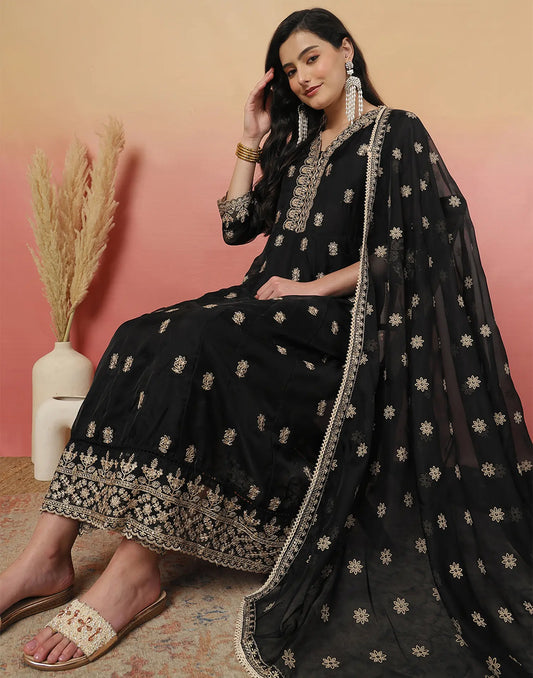 Silk Blend Embroidered Anarkali 3 Piece Kurta Set