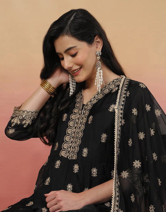 Silk Blend Embroidered Anarkali 3 Piece Kurta Set