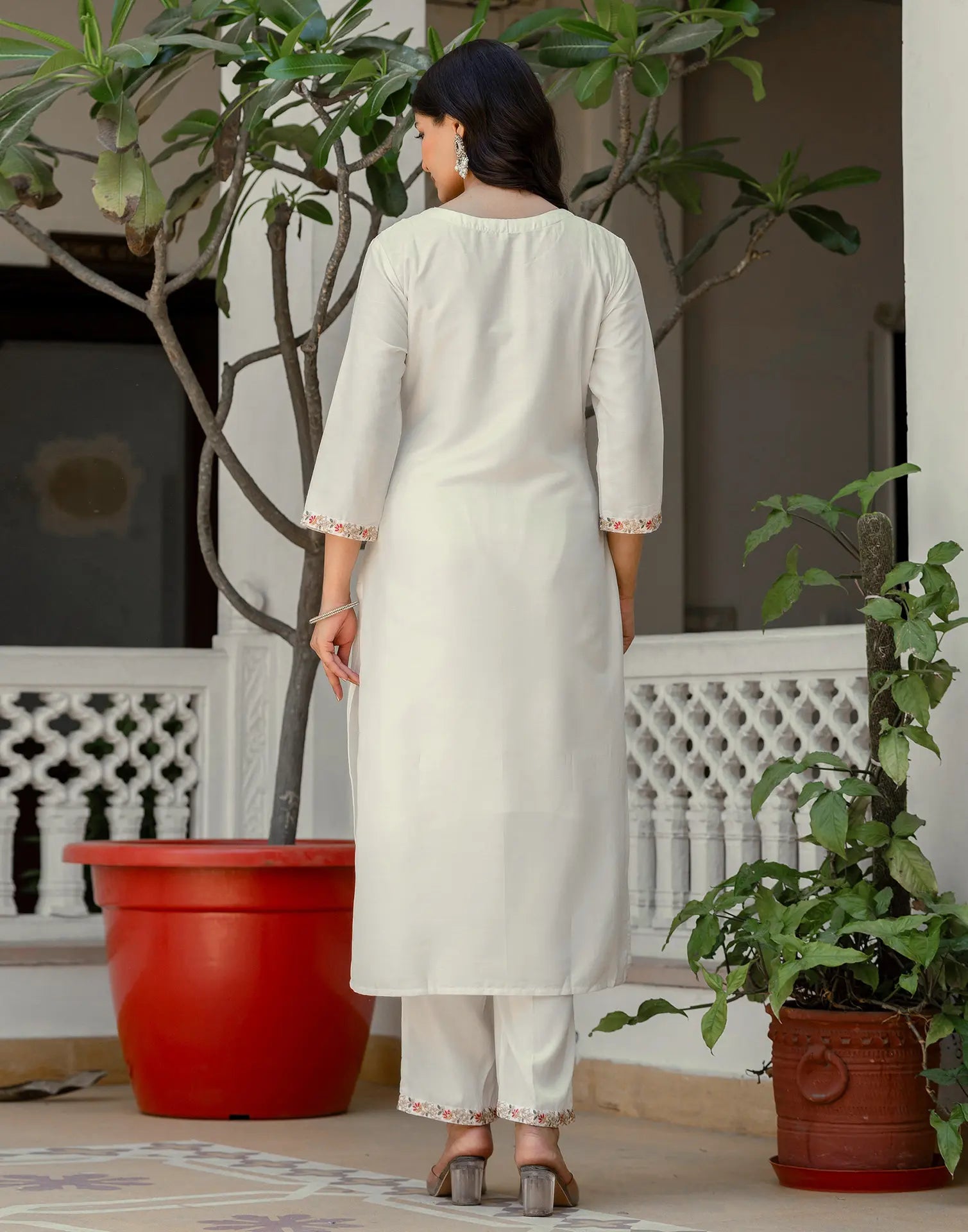 Poly Chinnon Embroidered Straight 3 Piece Kurta Set