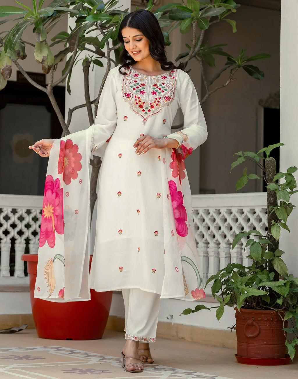 Poly Chinnon Embroidered Straight 3 Piece Kurta Set