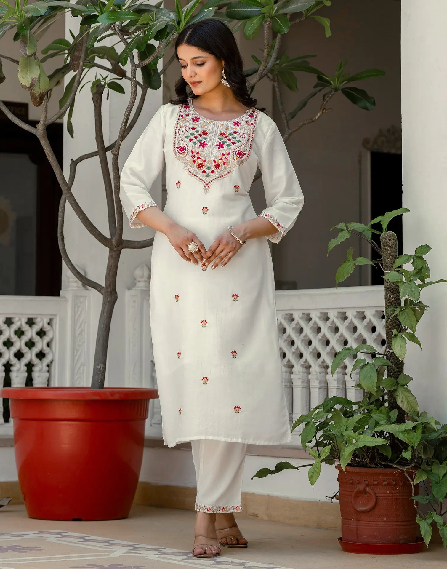 Poly Chinnon Embroidered Straight 3 Piece Kurta Set