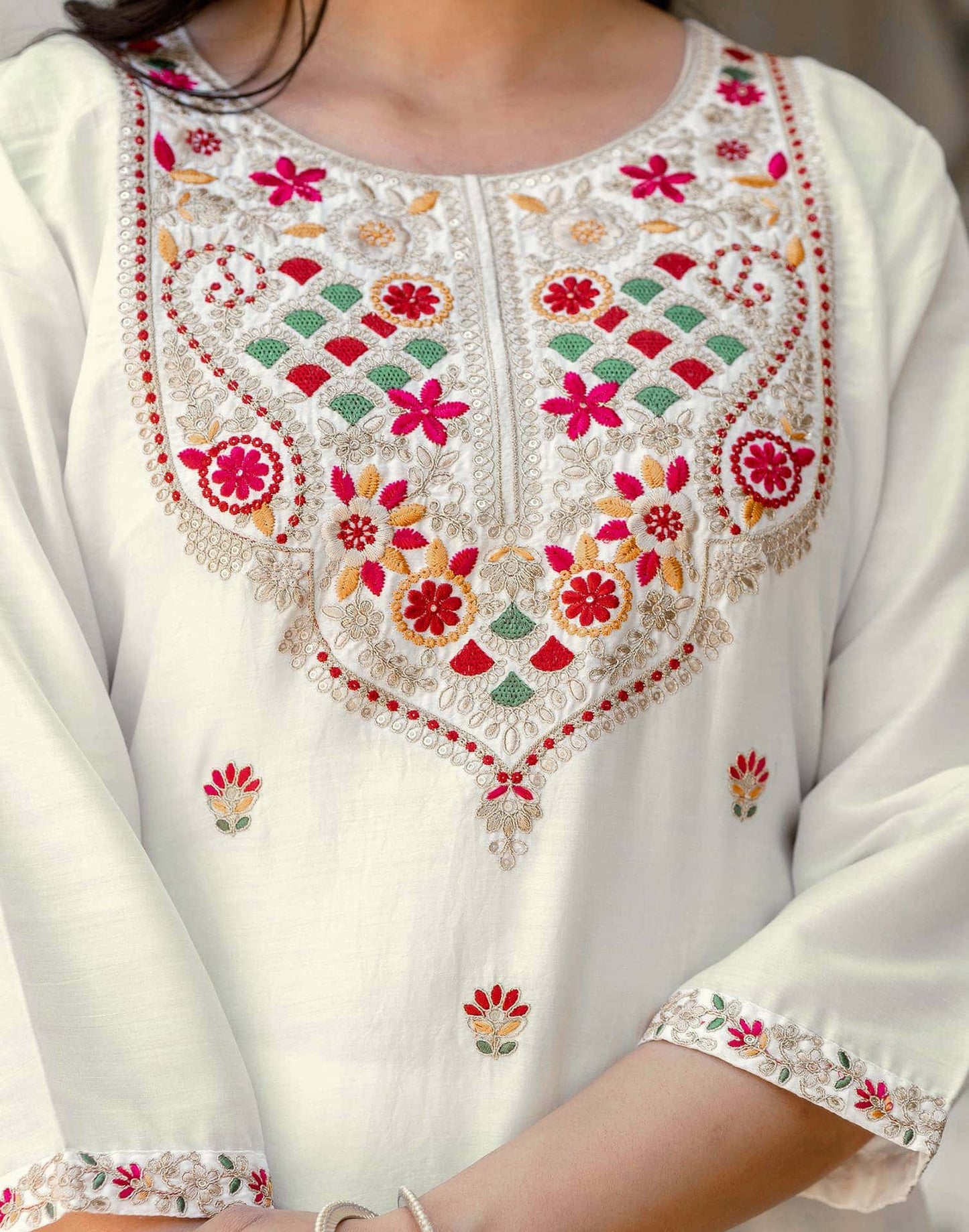 Silk Embroidery and Sequins Work, Embroidery Lace Straight Kurta with Pant & Dupatta