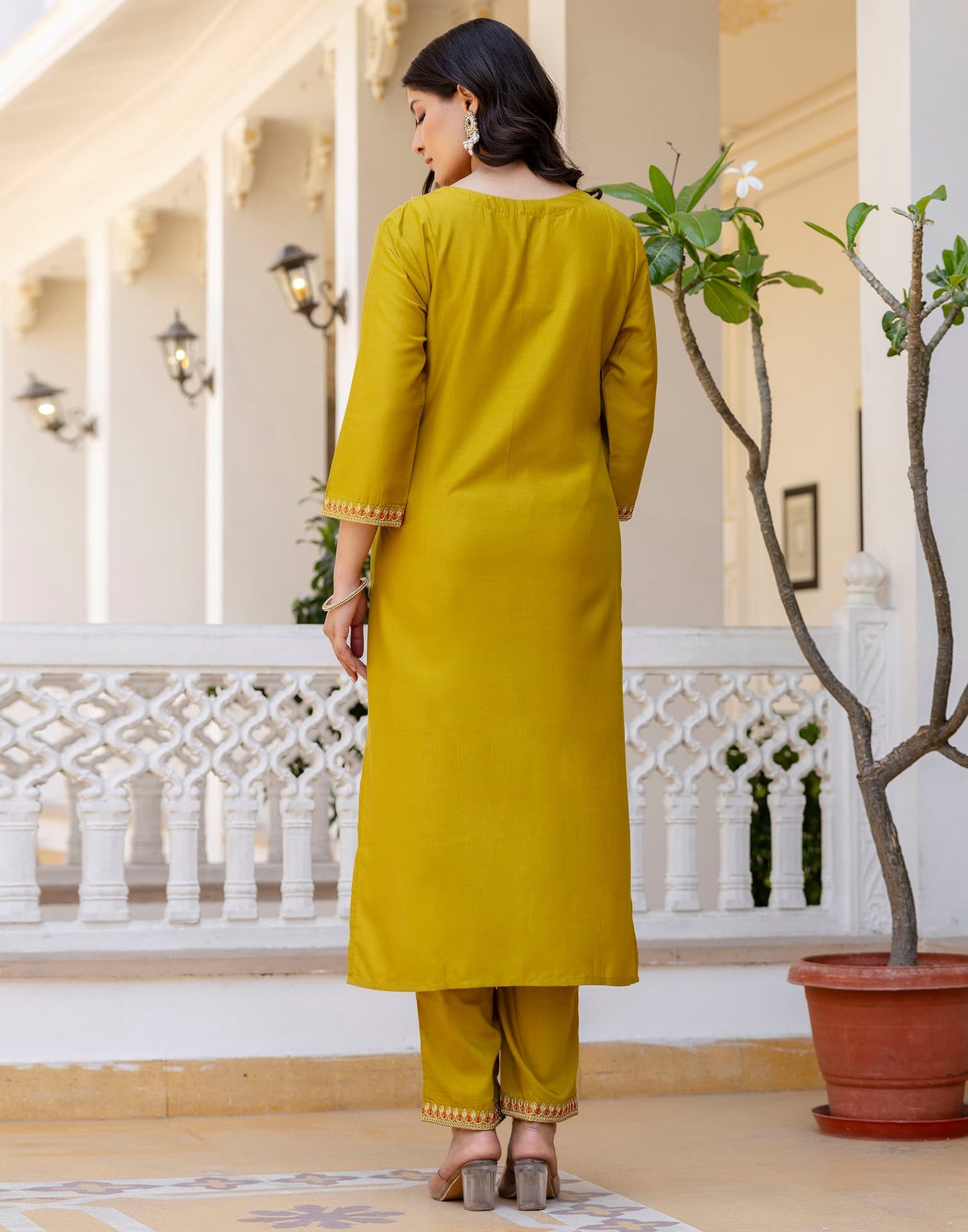 Silk Blend Straight Embroidery V-Neck Kurta with Pant & Dupatta