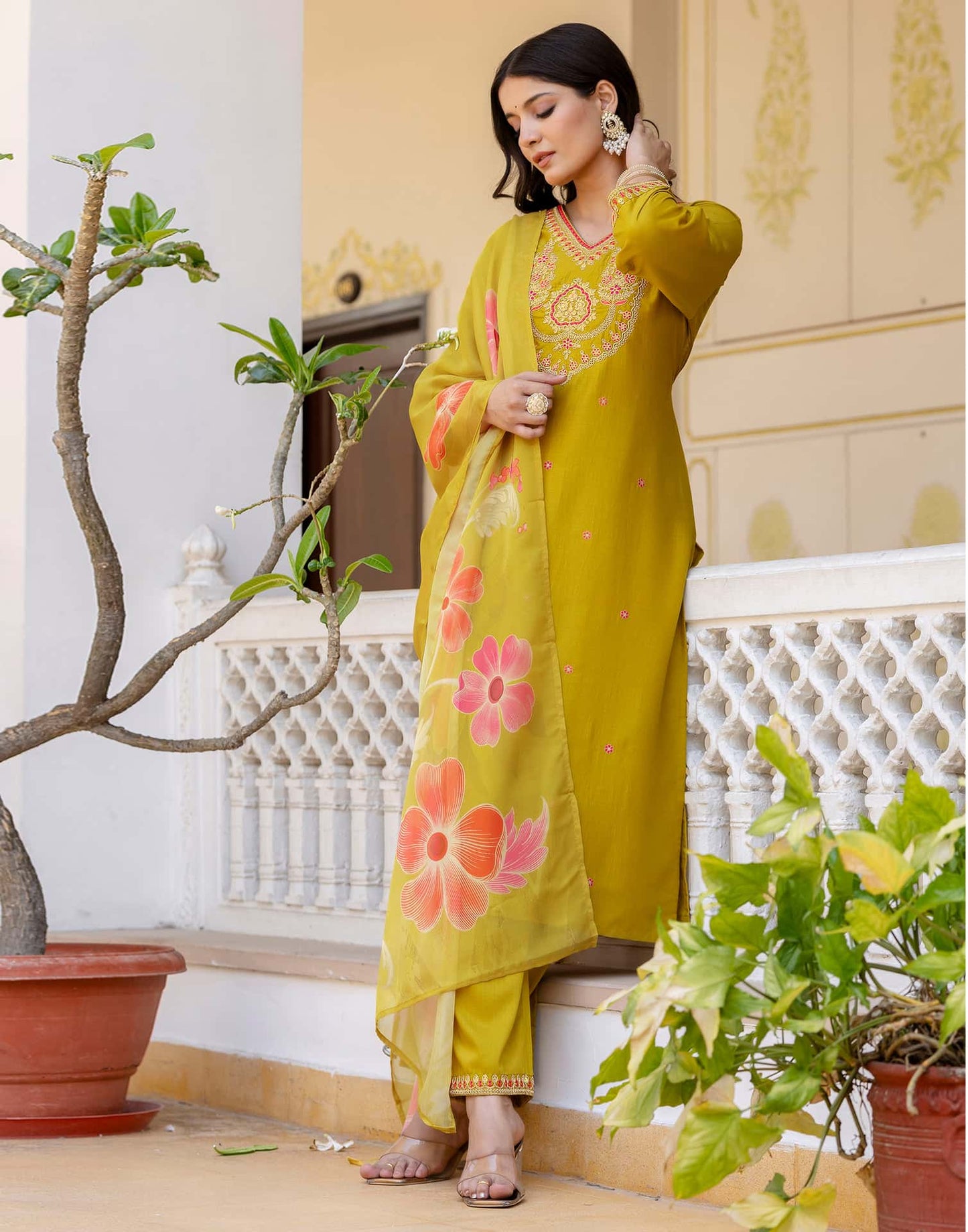 Silk Blend Straight Embroidery V-Neck Kurta with Pant & Dupatta