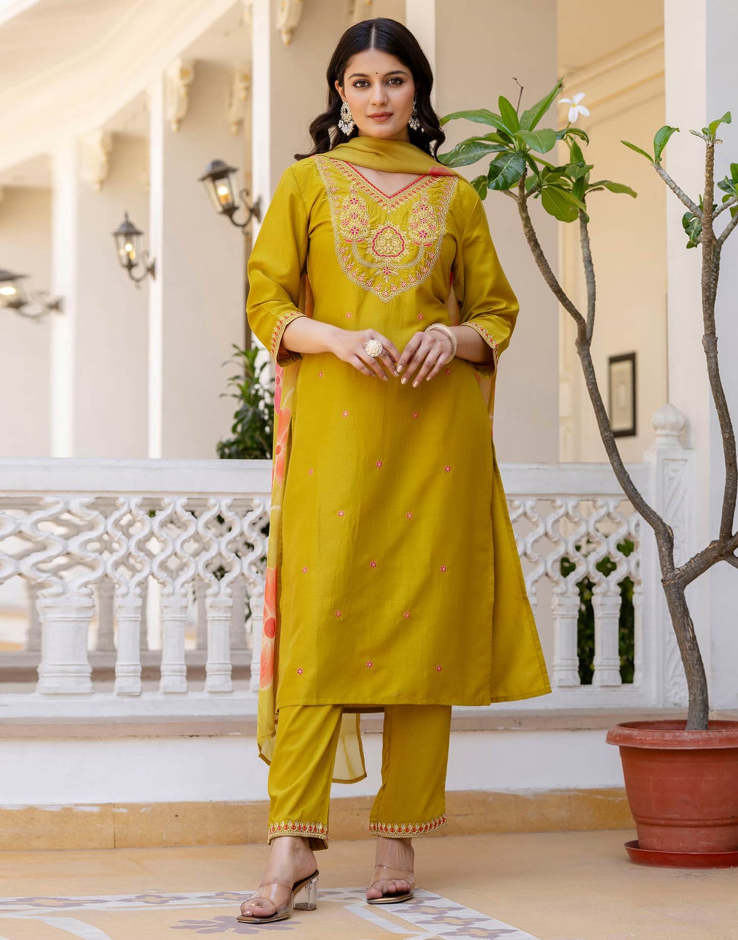 Silk Blend Straight Embroidery V-Neck Kurta with Pant & Dupatta