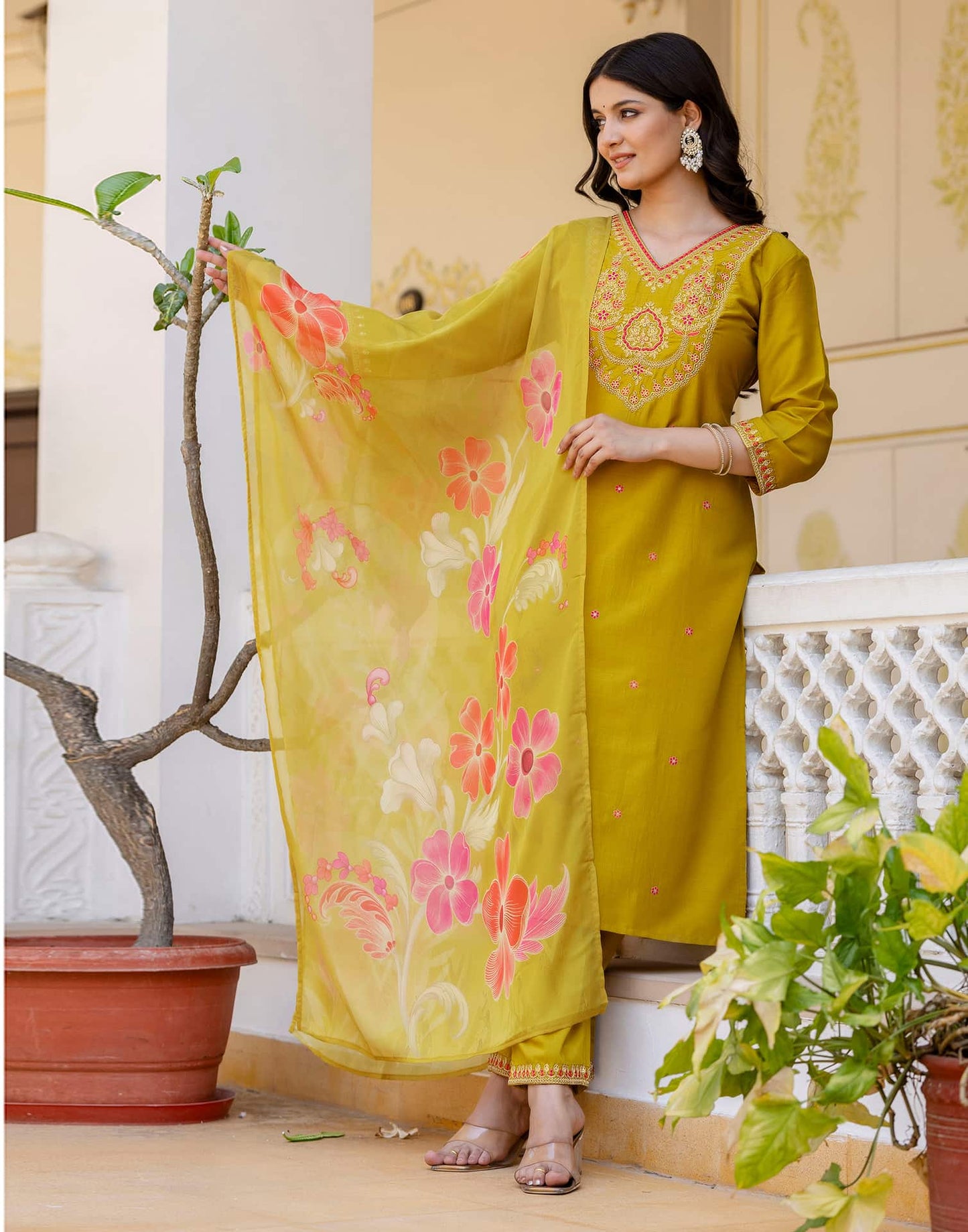 Silk Blend Straight Embroidery V-Neck Kurta with Pant & Dupatta