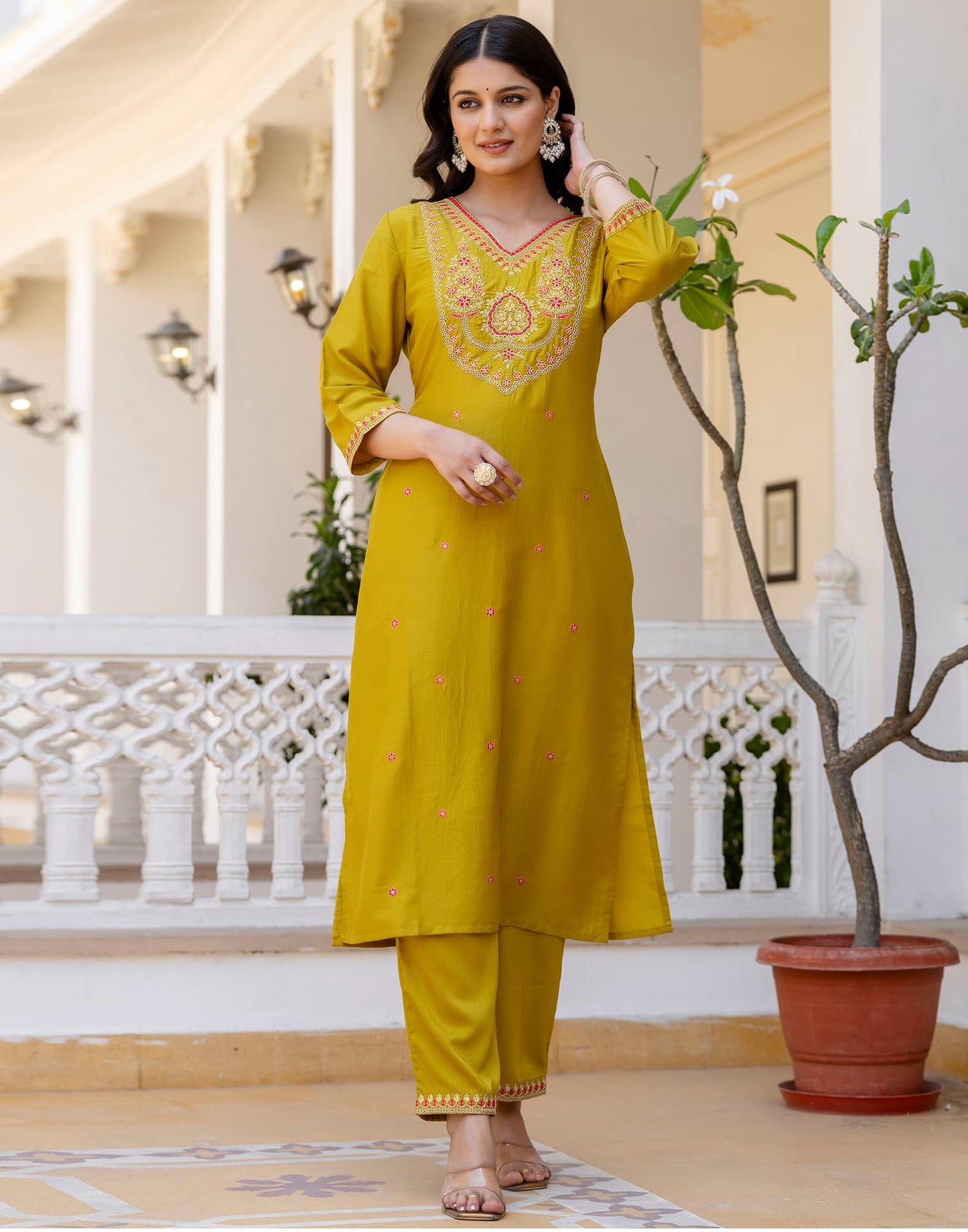 Silk Blend Straight Embroidery V-Neck Kurta with Pant & Dupatta