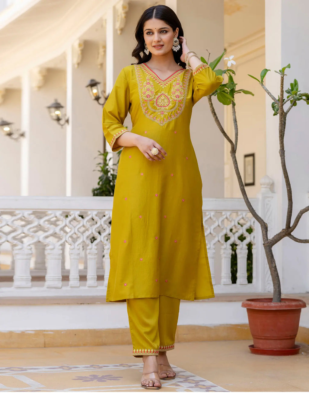 Poly Chinnon Embroidered Straight 3 Piece Kurta Set