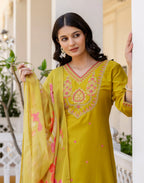 Poly Chinnon Embroidered Straight 3 Piece Kurta Set