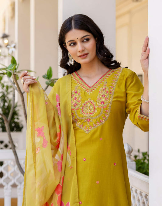 Silk Blend Straight Embroidery V-Neck Kurta with Pant & Dupatta