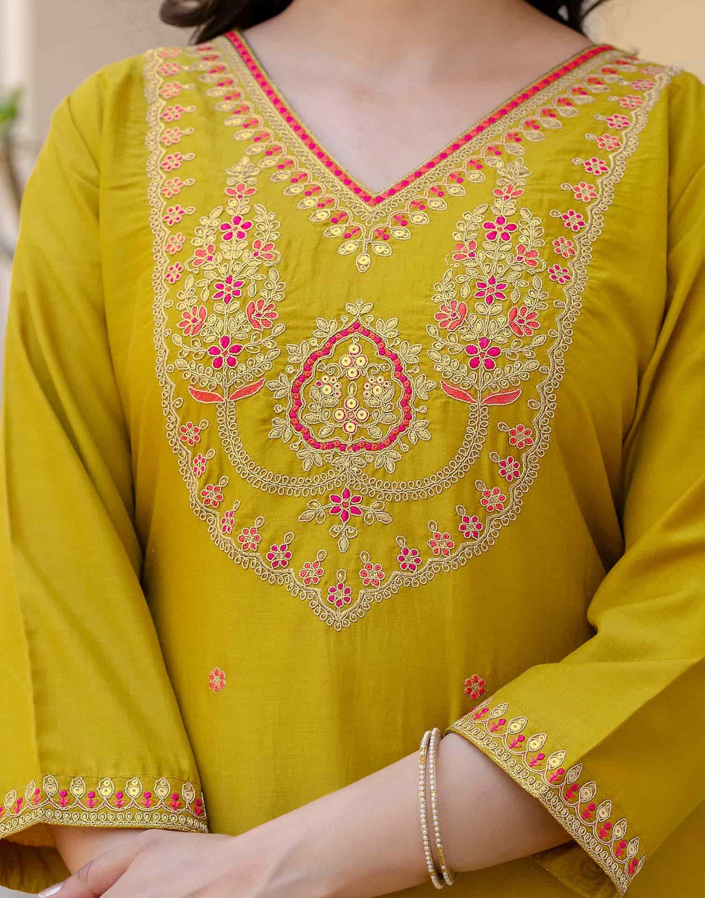 Silk Blend Straight Embroidery V-Neck Kurta with Pant & Dupatta