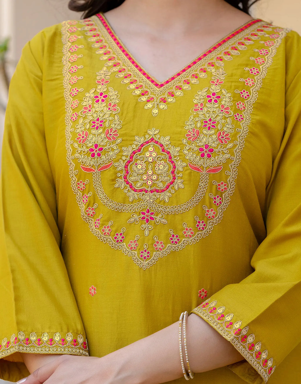 Poly Chinnon Embroidered Straight 3 Piece Kurta Set