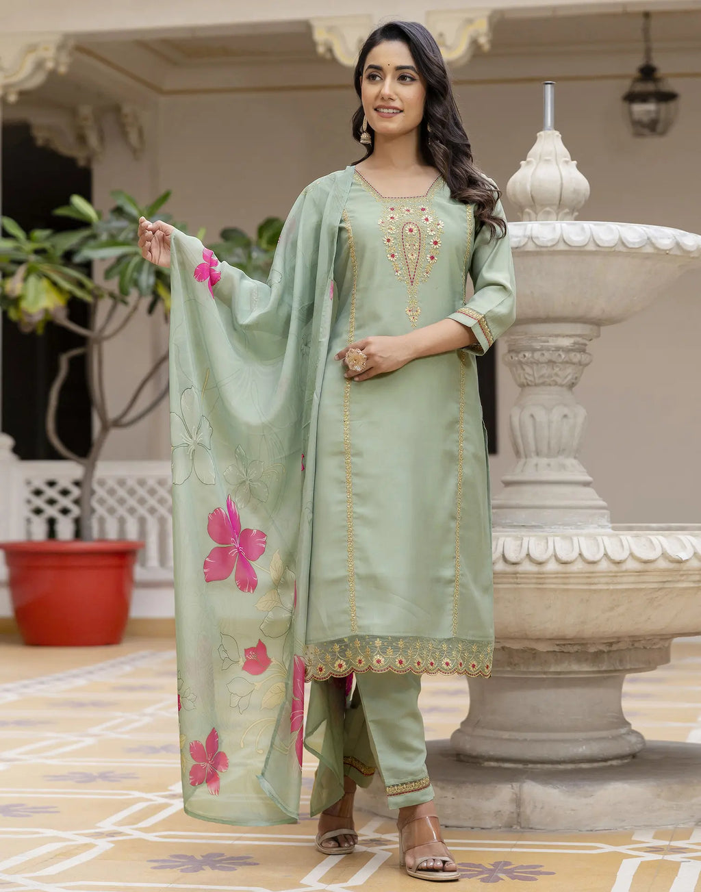 Silk Blend Embroidered Straight 3 Piece Kurta Set