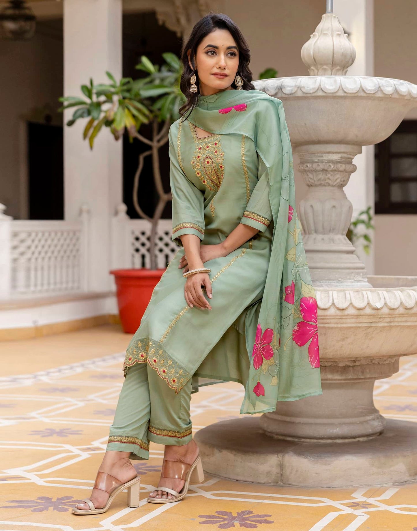 Silk Embroidered Straight Kurta with Pant & Dupatta