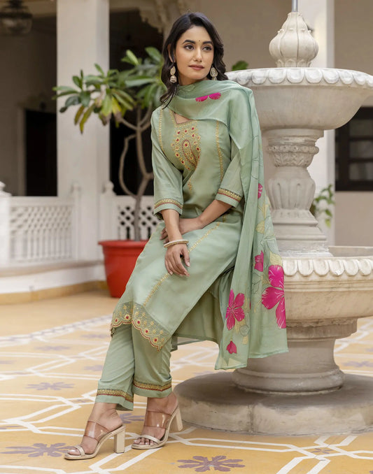 Silk Blend Embroidered Straight 3 Piece Kurta Set