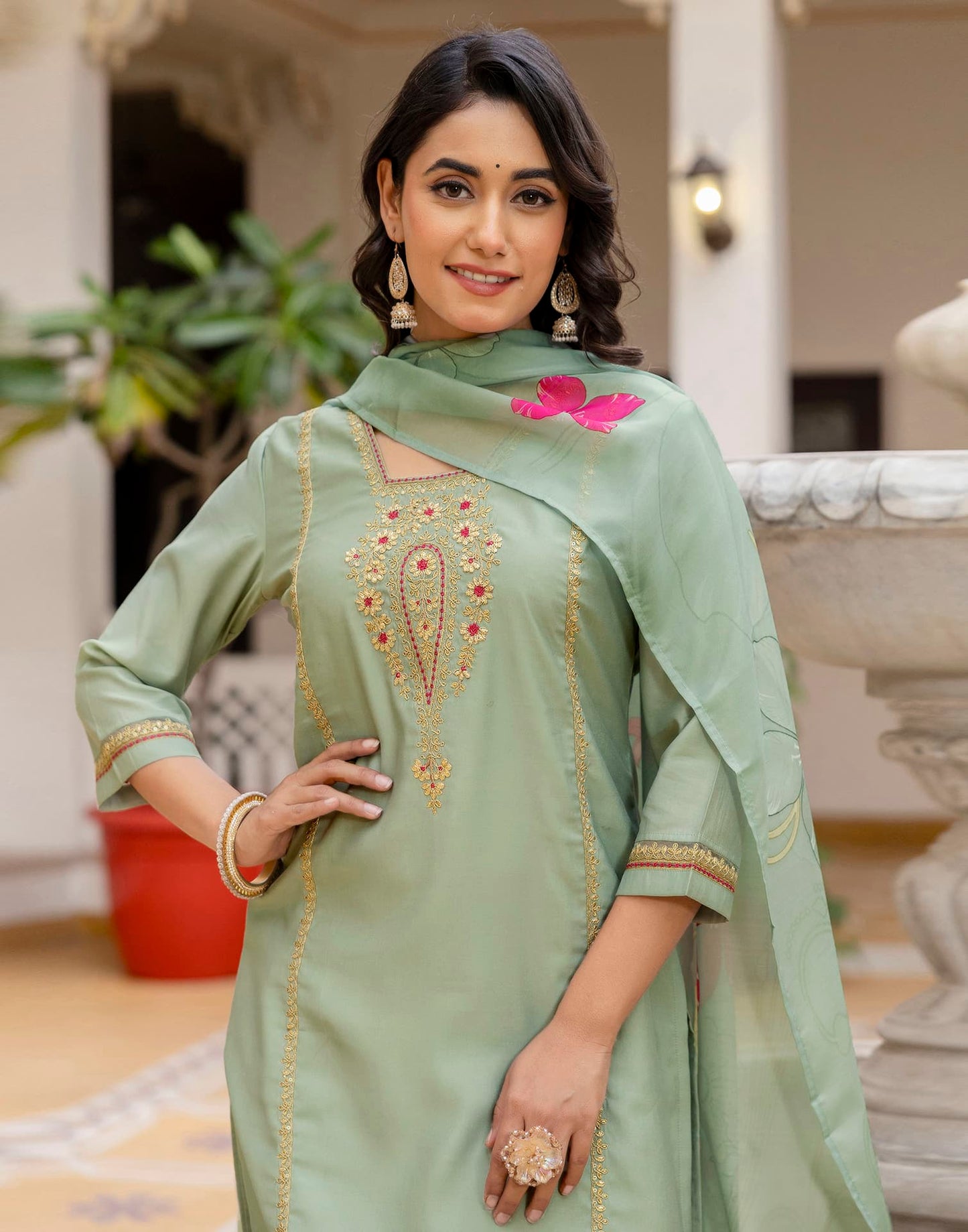 Silk Embroidered Straight Kurta with Pant & Dupatta