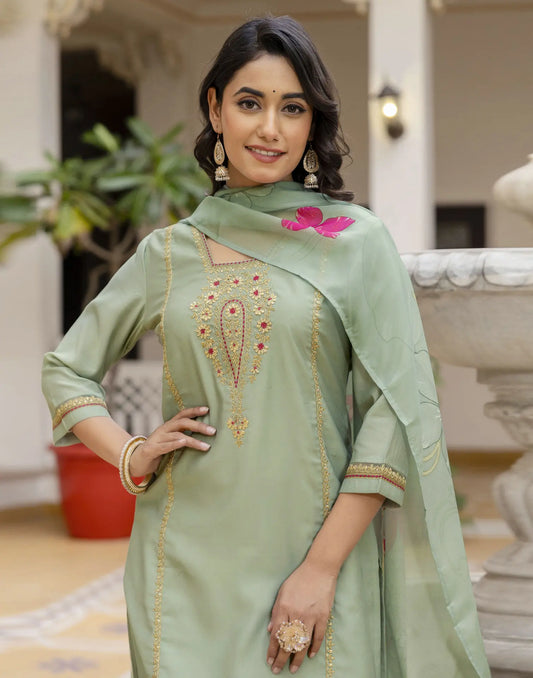 Silk Blend Embroidered Straight 3 Piece Kurta Set