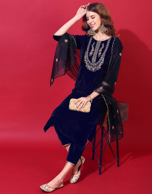 Velvet Embroidery Straight Kurta with Pant & Dupatta
