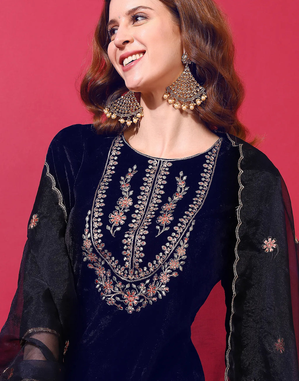 Velvet Embroidered Straight 3 Piece Kurta Set