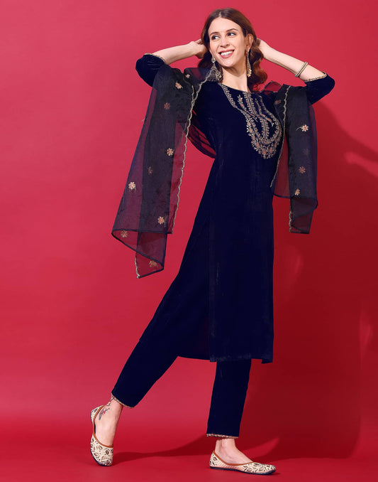 Velvet Embroidery Straight Kurta with Pant & Dupatta