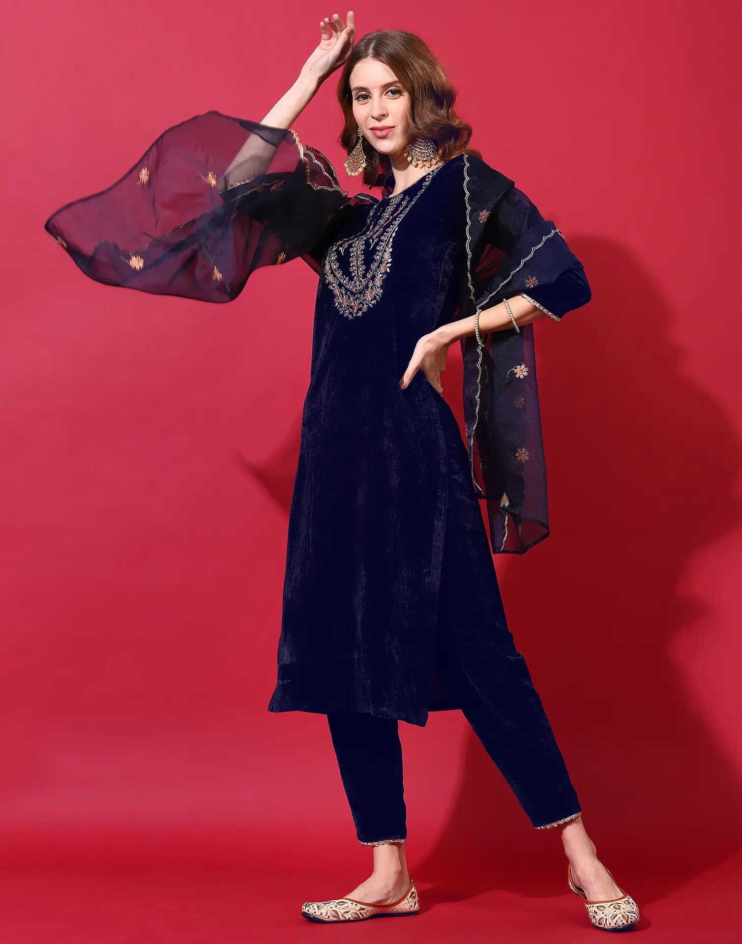 Velvet Embroidered Straight 3 Piece Kurta Set