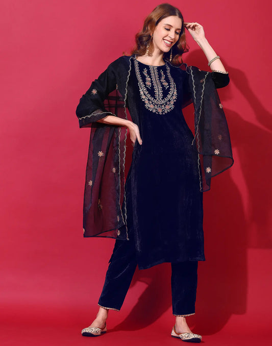 Velvet Embroidered Straight 3 Piece Kurta Set