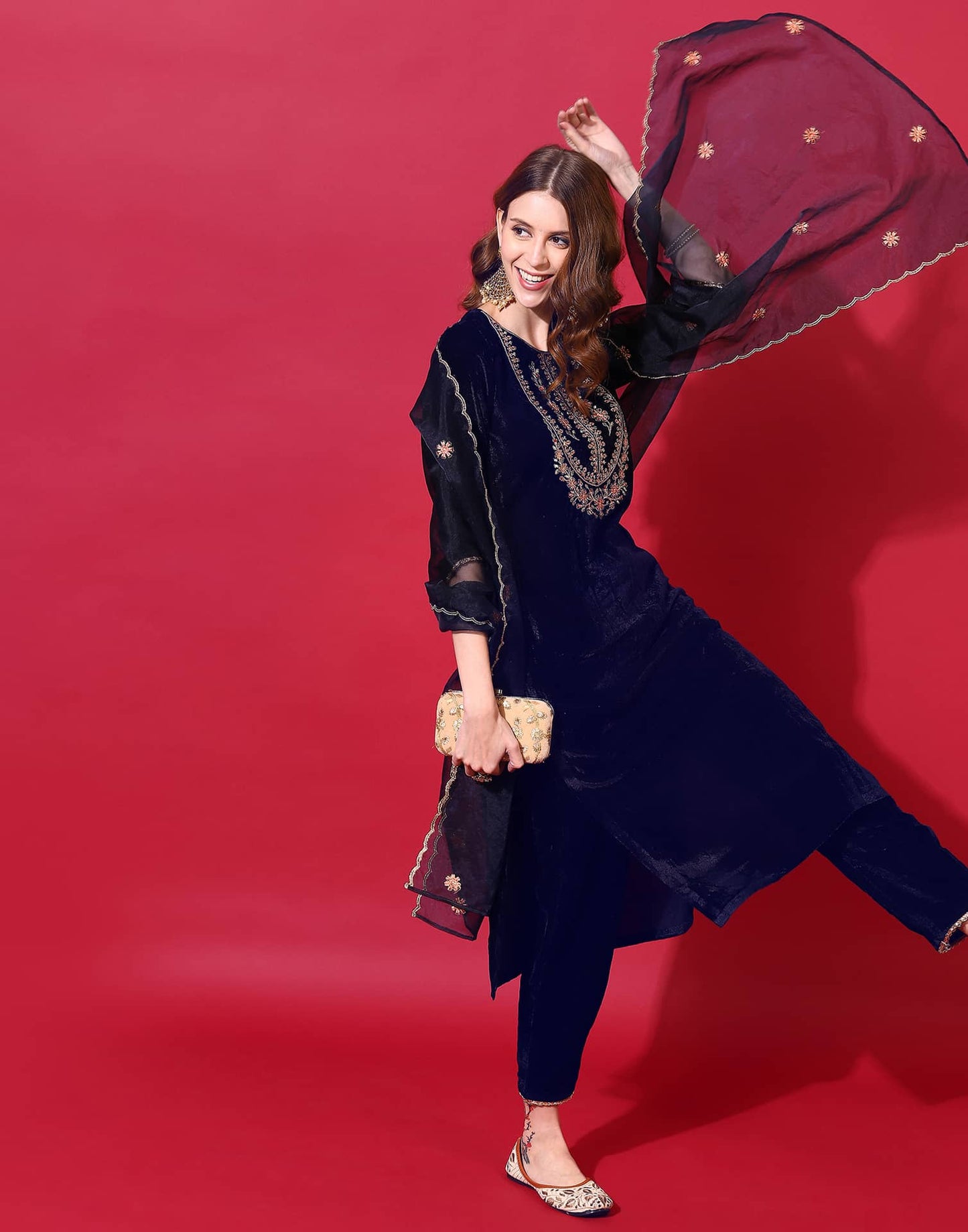 Velvet Embroidery Straight Kurta with Pant & Dupatta