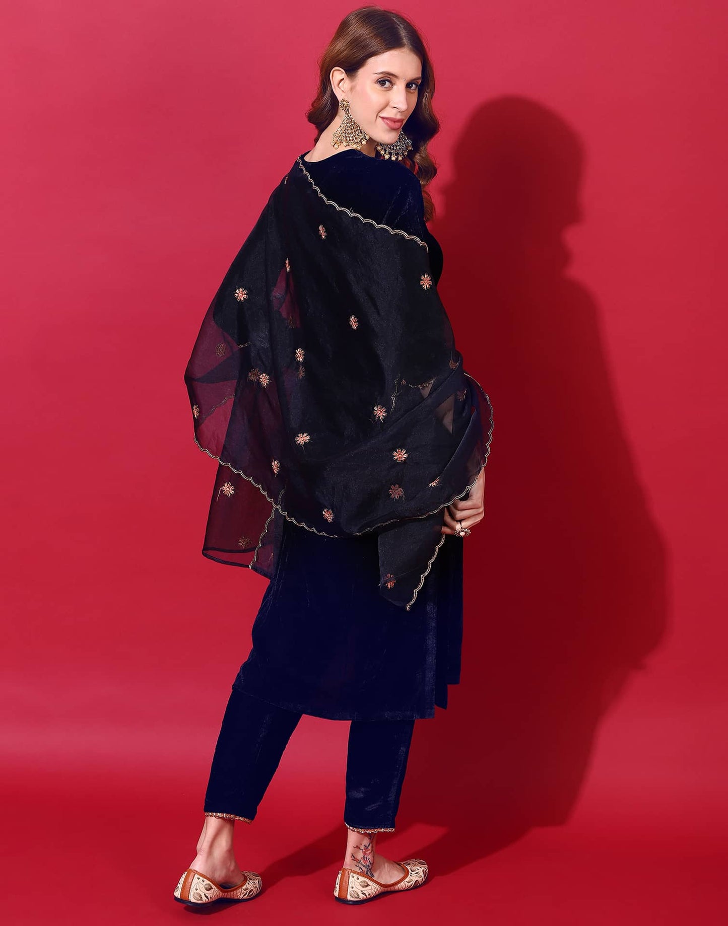 Velvet Embroidery Straight Kurta with Pant & Dupatta