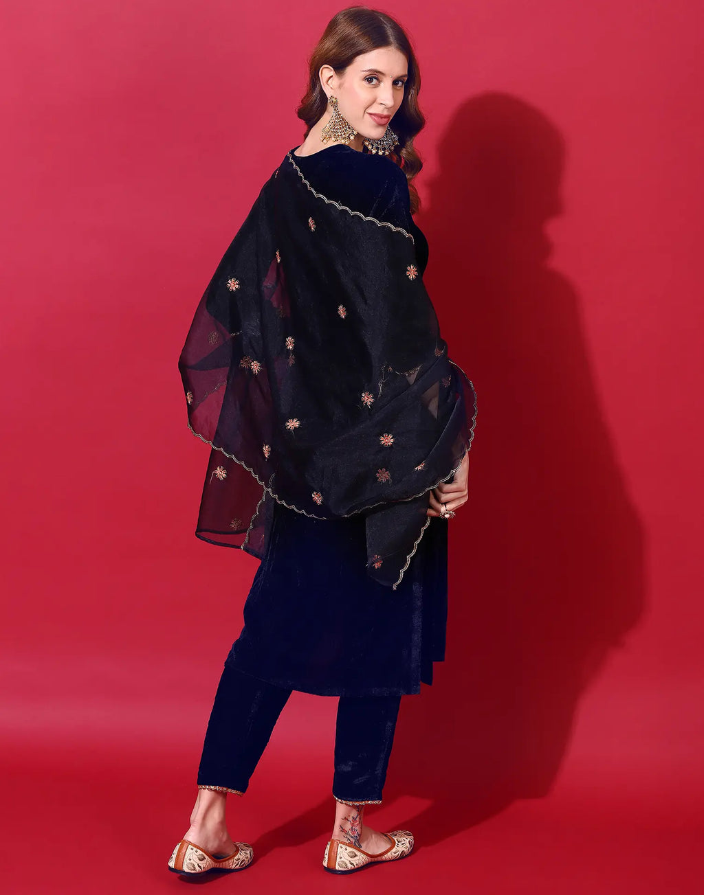 Velvet Embroidered Straight 3 Piece Kurta Set