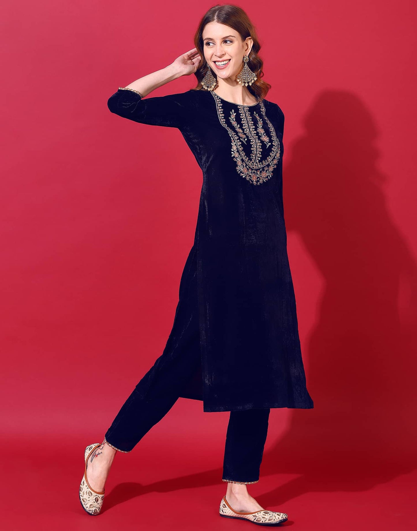 Velvet Embroidery Straight Kurta with Pant & Dupatta