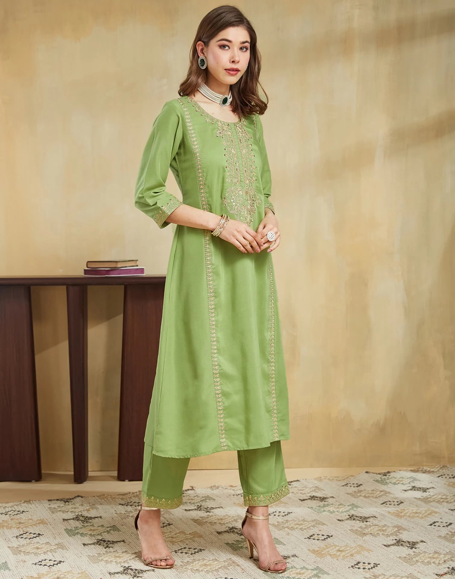 Light Green Cotton Embroidered Straight Kurta Set with Pant & Dupatta for Women