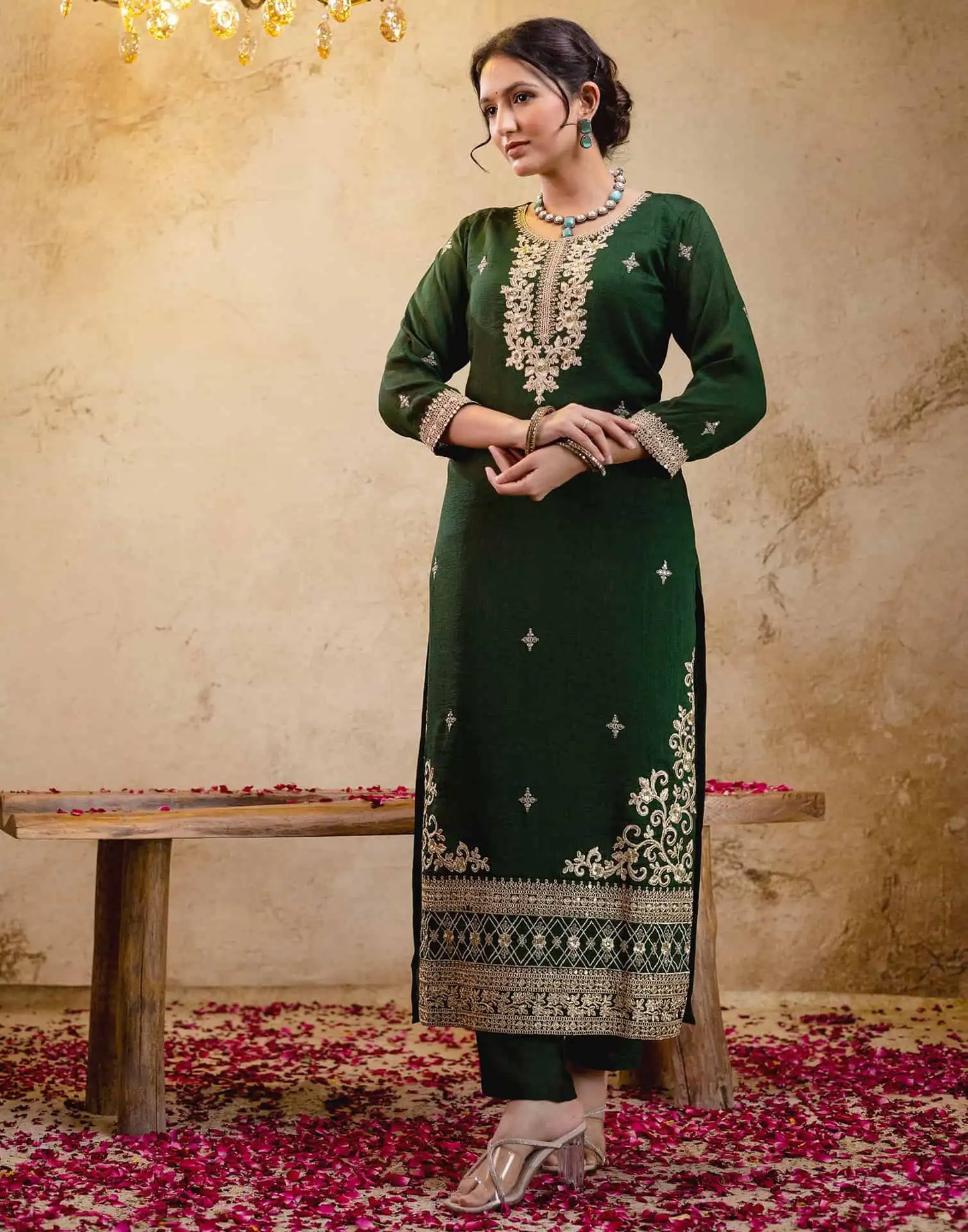 Silk Straight Embroidery Round Neck Kurta with Pant & Dupatta
