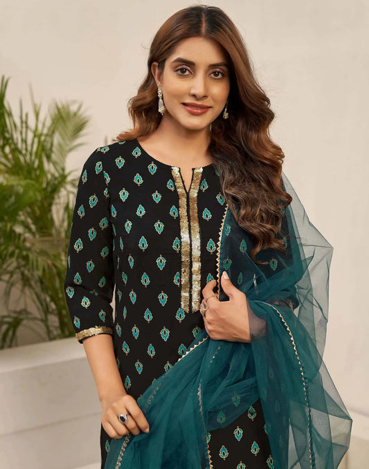 Affordable Black Rayon Printed Kurta Set with dupatta 