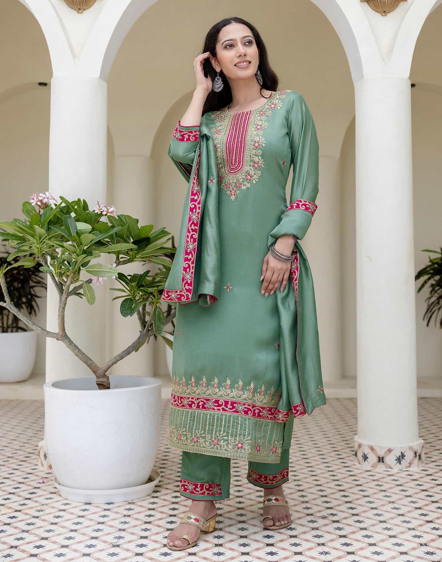 Silk Embroidery, Sequins Work and Embroidery Lace A-Line Kurta with Pant & Dupatta
