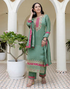 Silk Embroidered Straight 3 Piece Kurta Set