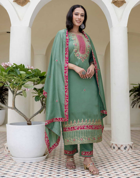 Green Silk Embroidered A-Line Kurta Set with Sequins Work, Pant & Dupatta