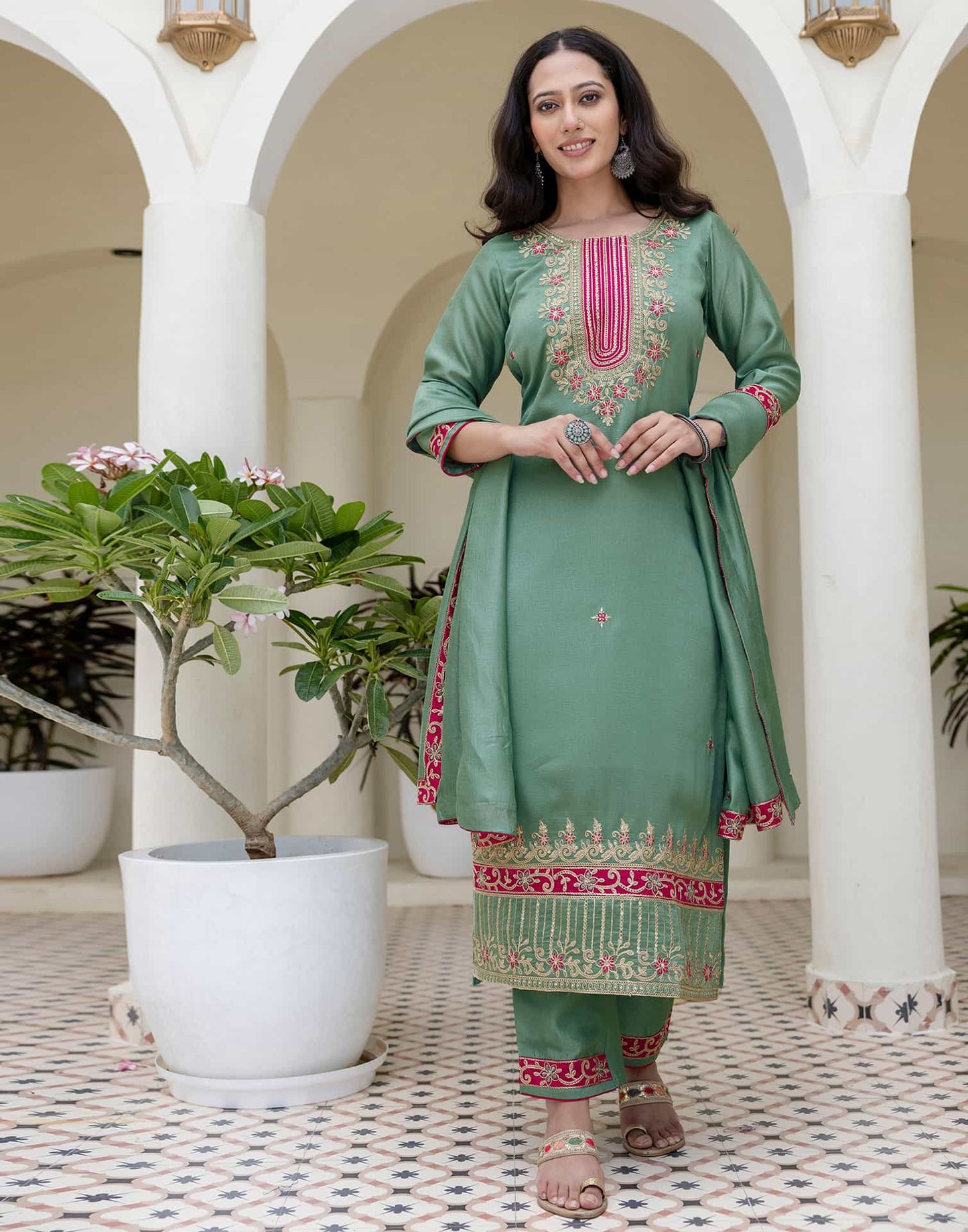Silk Embroidery, Sequins Work and Embroidery Lace A-Line Kurta with Pant & Dupatta